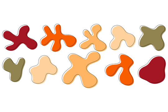 Colorful organic abstract shapes feature rounded irregular forms, warm red, orange, peach, cream, and olive tones, and thin dark outlines on a clean white background.