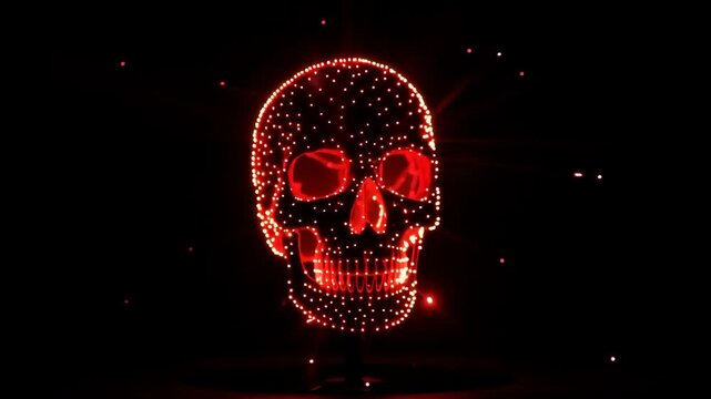 Glowing red digital skull rotates from side profile to frontal view with radiating light trails and floating particles in a dark abstract animation