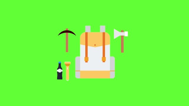 Vector animation of a hiking backpack equipped with an axe, pickaxe, water bottle, and flashlight against a green screen background