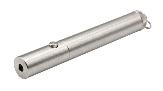 Cat laser pointer &mdash; Photorealistic cat laser pointer, compact cylindrical handheld pet toy with small button and clean unbranded metal housing; diagonal close-up view, crisp product detail, premium 8K