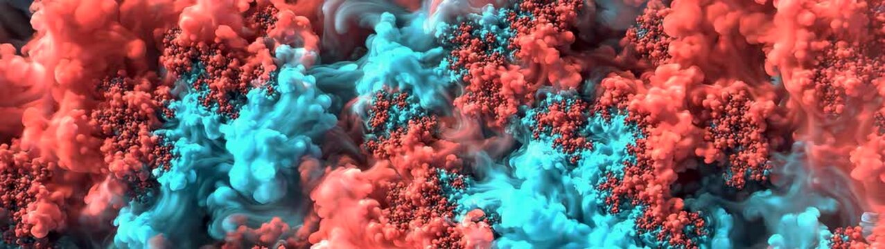 Swirling fractal clouds forming an organic surface with complex structures Deep teal and soft coral tones creating a unique pattern.