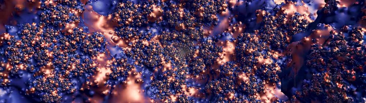 Complex fractal surface displaying metallic blue and copper textures Organic shapes creating a geometric pattern.