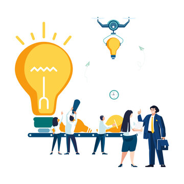 Conveyor of new business ideas. Ideas are important for your business, entrepreneurship. Drone delivery of a new idea, people workers, girls and boys, creative group analysis, vector illustration