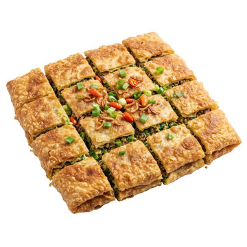 Delicious Indonesian savory martabak telur stuffed with minced meat and eggs, garnished with fresh scallions and red bird's eye chilies, isolated on a transparent background for food design.
