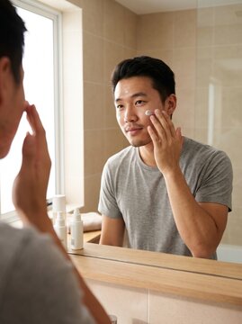 Young Asian man applying facial sunscreen or lotion to his face in front of a mirror, daily UV protection, men skincare and sun care routine, healthy skin, bright bathroom, commercial photo, copy spac