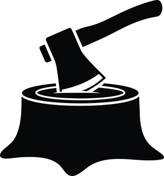 Minimalist black silhouette of an axe stuck in tree stump