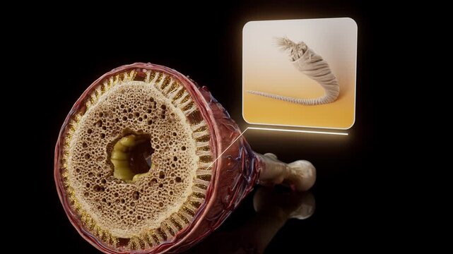 Conceptual 3D animation of collagen fibers and Sharpey&rsquo;s fibers anchoring the periosteum to bone