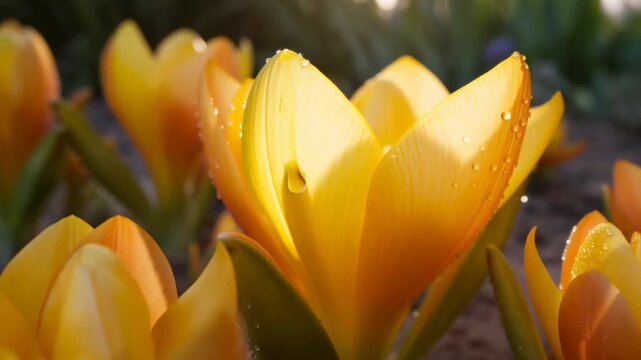 Yellow crocus flowers bloom in a sunlit garden with water droplets on the petals. Garden center advertising, horticulture education, and botanical publications.