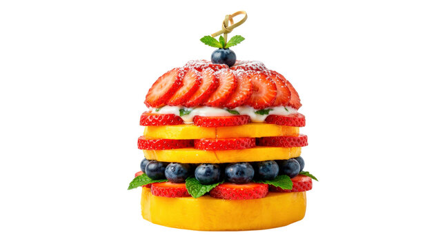 Fruit burger &mdash; Photorealistic stacked fruit burger, colorful layered strawberry, mango and blueberry fruit arranged into a compact novelty burger shape, fresh glossy texture; three-quarter food view,