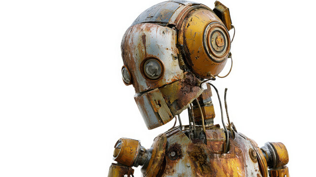 Corroded industrial robot head isolated on transparent background for