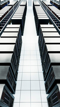 Data center aisle with rows of server racks in a modern facility