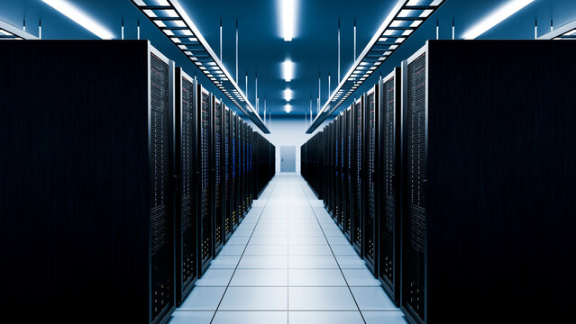 Server racks in modern data center aisle