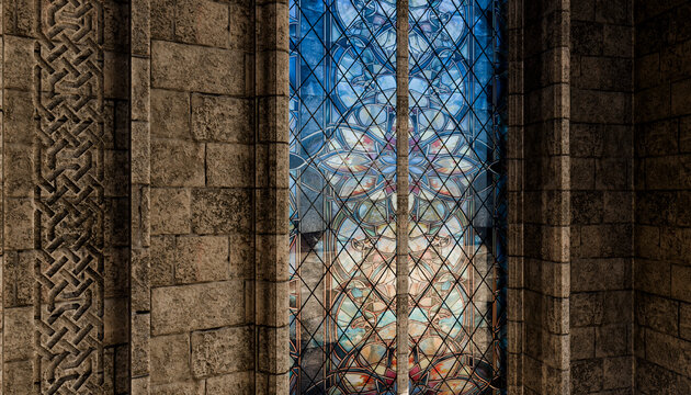 Stained glass window in stone church interior with ornate design