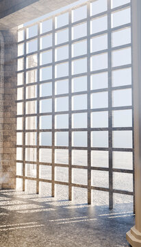 Window grille casting patterned shadows on stone floor interior