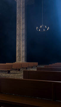 Church interior with wooden pews and stone column under candle