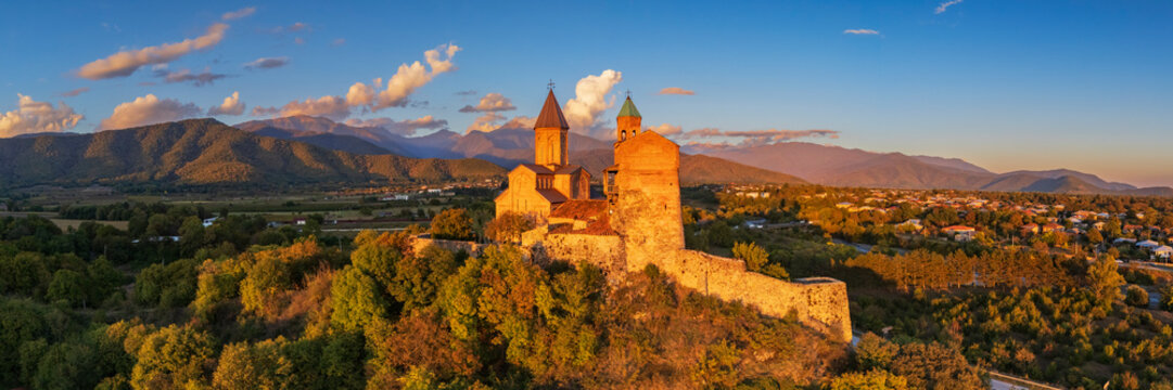Gremi monastery at Sunset overlooking georgian landscape