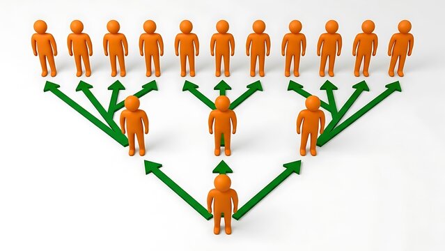 Orange 3D figures forming hierarchical organization structure chart with green arrows pointing upward