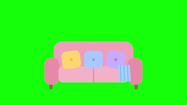 Pastel pink sofa with cushions dropping into place on green screen