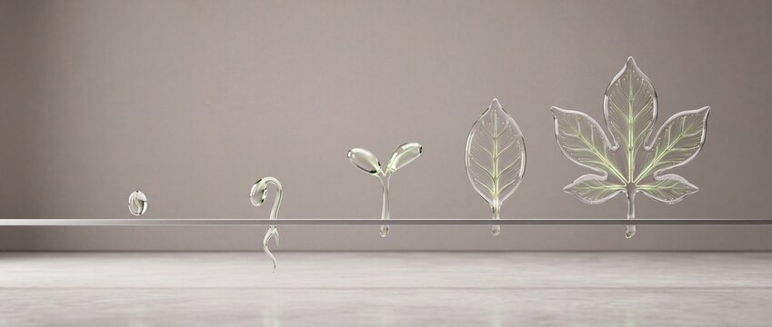 Abstract concept of growth and development featuring stages of a transparent glass plant from seedling to a full mature leaf, symbolizing business progress, evolution, and sustainable success.