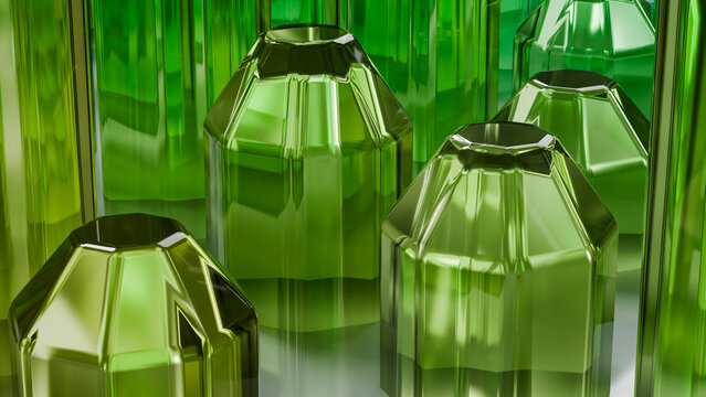 Abstract 3d illustration of green geometric crystal shapes