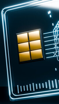 Gold microchip closeup with glowing circuitry design