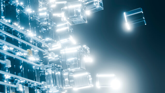 Floating glowing transparent cubes digital 3d abstract illustration