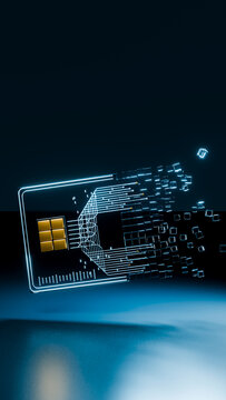Glowing digital microchip with circuit lines dispersing cubes