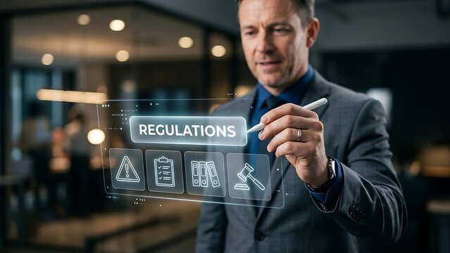 Professional businessman writing regulatory compliance guidelines on futuristic transparent digital interface screen indoors