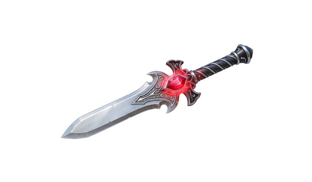 Ornate fantasy dagger with a glowing red ruby gem set in a decorative silver hilt