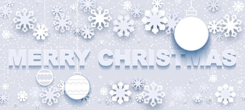 Merry Christmas. Background featuring realistic snowflakes snowfall and ornaments. White "Merry Christmas" text; flat design. Visual art for a New Year's banner or poster. Vector illustration