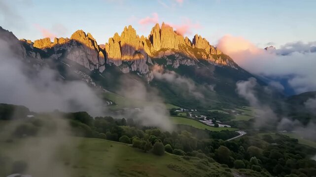 Sunrise over rugged mountain peaks as drifting clouds reveal green alpine valley and scattered countryside, creating a dramatic natural landscape panorama in the European Alps
