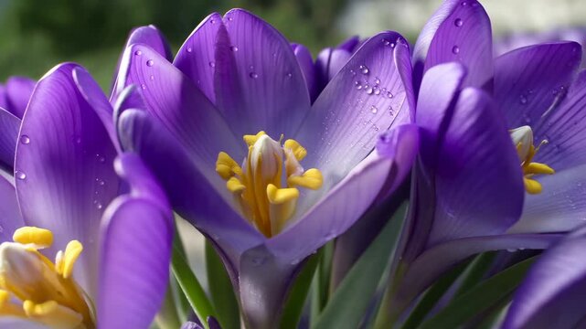 Purple crocus flowers bloom with water droplets in an outdoor garden close-up. Spring gardening content, flower shop advertising, and garden center promotion.