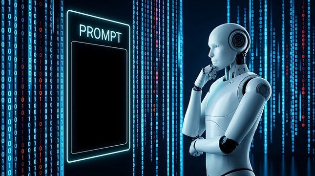 Intelligent humanoid robot thinking in front of digital screen displaying binary code background