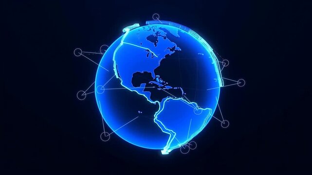 Rotating digital network globe with glowing nodes and orbiting connection lines in dark space. Technology presentations, telecommunications advertising, and internet service campaigns.