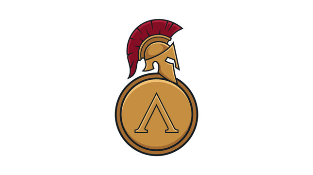 Spartan vector illustration of a golden Corinthian helmet with a red plume crest resting on a round ancient Greek hoplite shield with a lambda symbol for warrior and history themes.