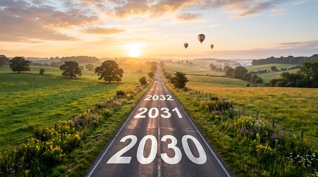 Long road with years 2030 2031 2032 leading to sunrise over green fields and hot air balloons for future vision