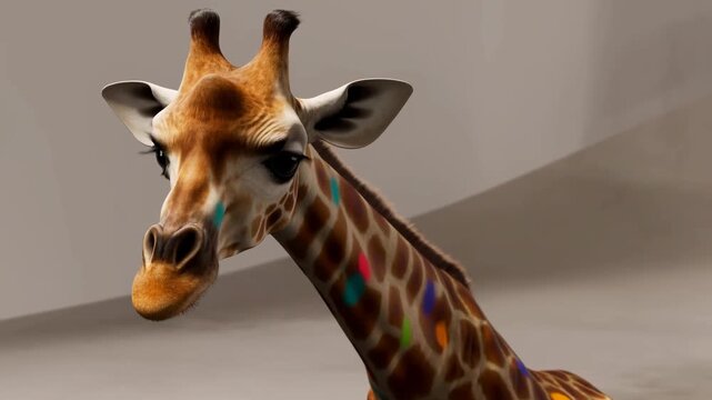 Stylized giraffe with colorful irregular markings turns its head in a minimal beige studio-like setting. Wildlife education, children s, and zoo promotion.