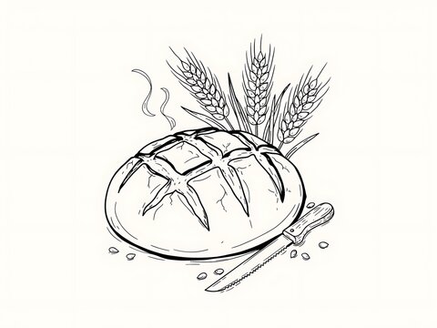 Freshly baked bread with wheat stalks and knife
