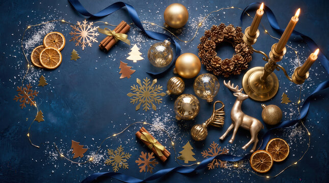 Festive golden reindeer, candles, ornaments and snow on navy blue background