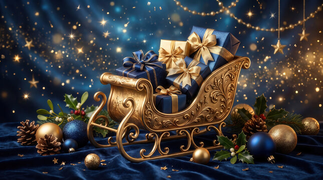 Elegant golden sleigh loaded with Christmas gifts on a sparkly navy blue background