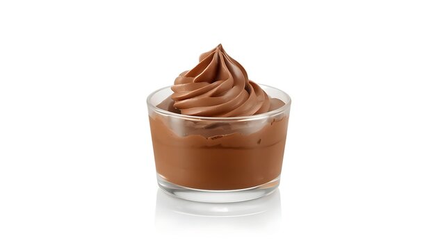 Chocolate mousse dessert in a clear glass cup with a swirl on top isolated on a white background with serving chocolate cup decorative refreshment