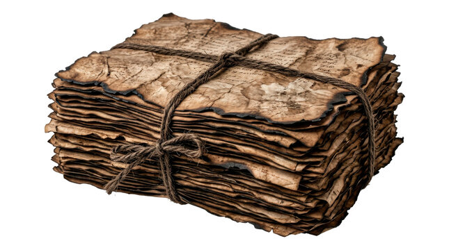Burnt parchment bundle &mdash; Photorealistic compact stack of old crumpled parchment sheets, aged brown paper with irregular scorched edges forming one archival bundle; three-quarter view, razor-sharp