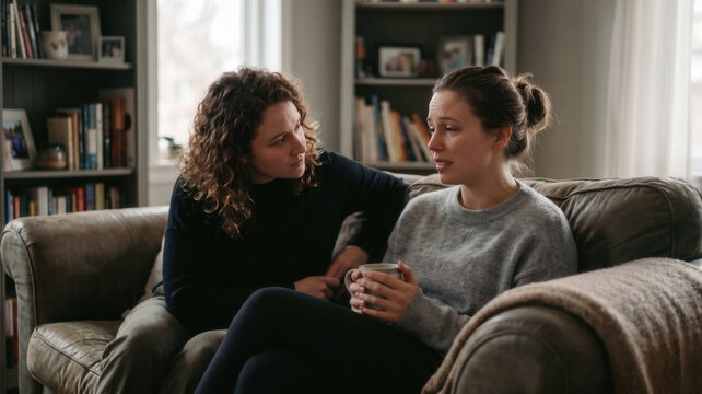 Woman comforting sad friend holding coffee cup while sitting together on living room sofa.