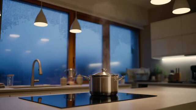 Covered metal pot releases wisps of steam on glossy black cooktop in modern kitchen with warm pendant lighting, pale countertops, white cabinets, and large blue windows