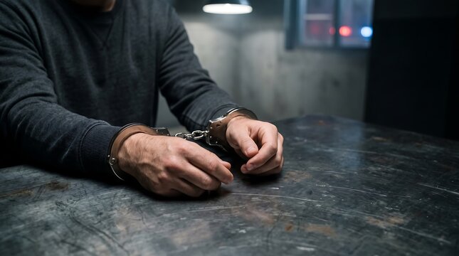 Man with handcuffed hands sitting at metal table in dark interrogation room for crime, arrest and justice concept