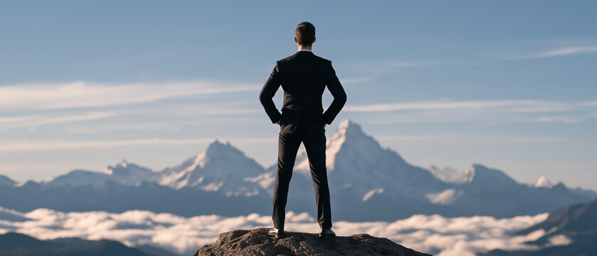 Businessman on Mountaintop: A lone businessman in a sharp suit stands on a rocky summit, gazing out at a majestic mountain range under a clear blue sky, symbolizing ambition and success.