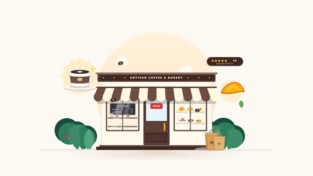 Charming small artisan coffee shop storefront with outdoor seating and warm lighting rendered in colorful vector style on transparent background
