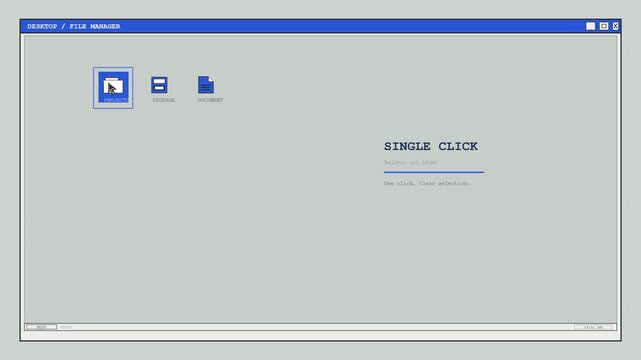 Computer Desktop Interface with Single Click File Selection Animation for Retro Software Design