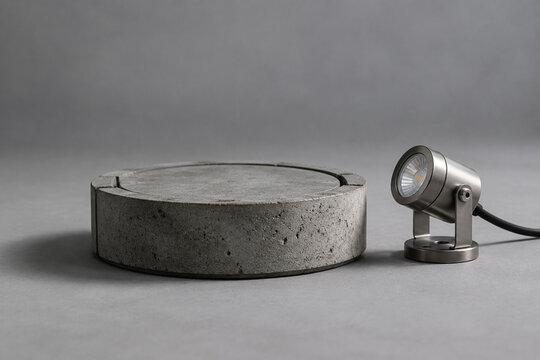 Concrete caisson model and spotlight on grey surface, engineering concept