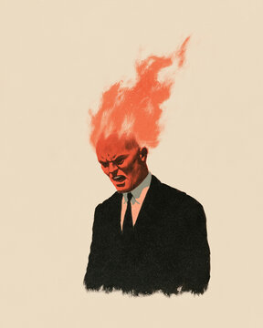 Man on Fire Emotion: A man in a suit with his head engulfed in flames, conveying intense anger and frustration, in a striking visual metaphor for extreme emotion.